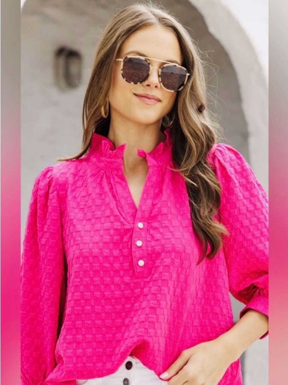 Shop the Mint Textured Knit V-Neck Pullover Blouse Ruffled Collar 3/4 sleeves M
